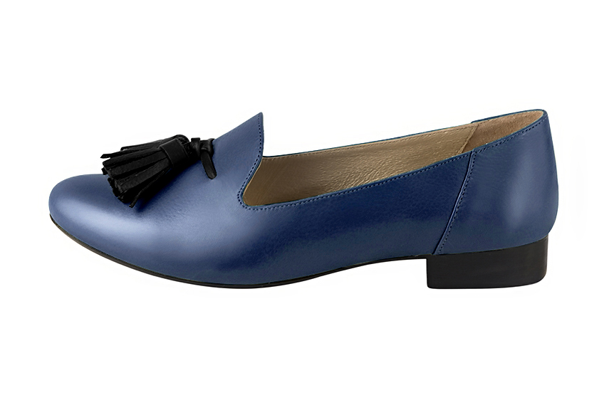 Prussian blue and satin black women's loafers with pompons. Round toe. Flat leather soles. Profile view - Florence KOOIJMAN